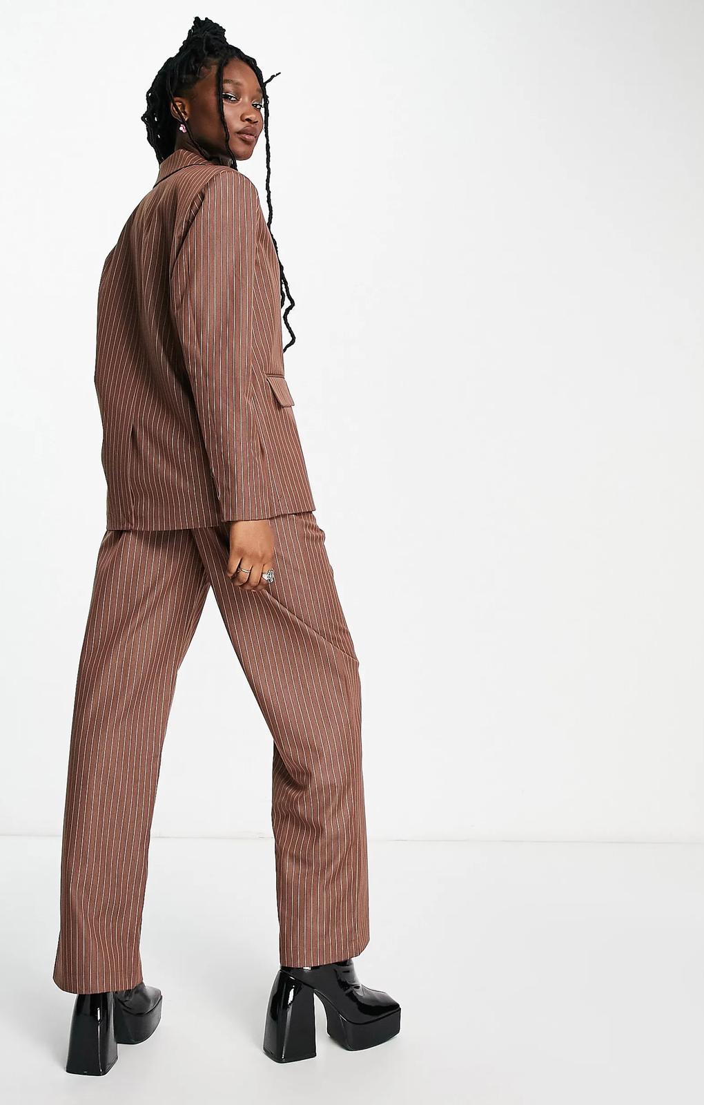 Noisy May Straight Trousers In Chocolate Pinstripe – trousers by Noisy May, available to rent from Hirestreet