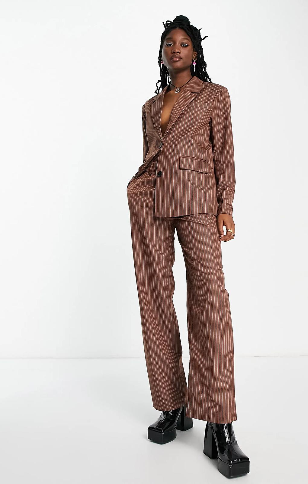 Noisy May Straight Trousers In Chocolate Pinstripe – trousers by Noisy May, available to rent from Hirestreet