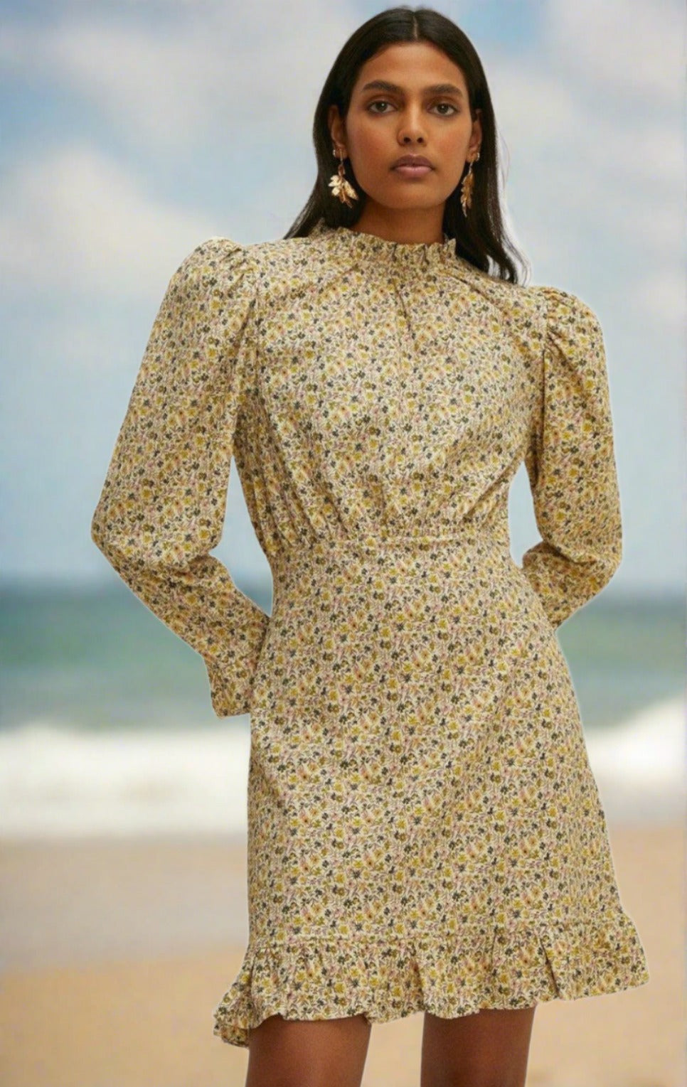 Oasis Floral Frill Neck Puff Sleeve Crinkle Dress