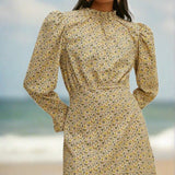 Oasis Floral Frill Neck Puff Sleeve Crinkle Dress