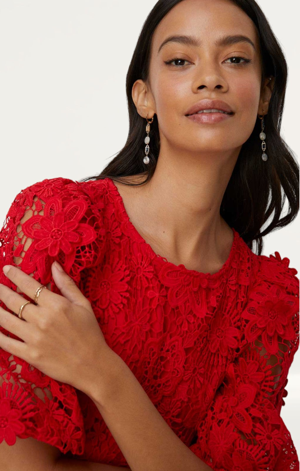 Oasis Red Lace Puff Sleeve Midi Dress
