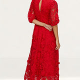 Oasis Red Lace Puff Sleeve Midi Dress