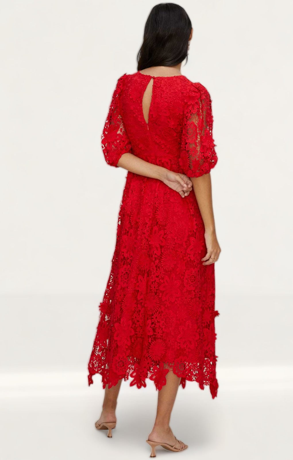 Oasis Red Lace Puff Sleeve Midi Dress