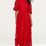 Oasis Red Lace Puff Sleeve Midi Dress
