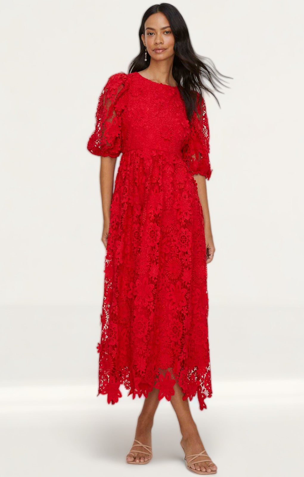 Oasis Red Lace Puff Sleeve Midi Dress - Main Image