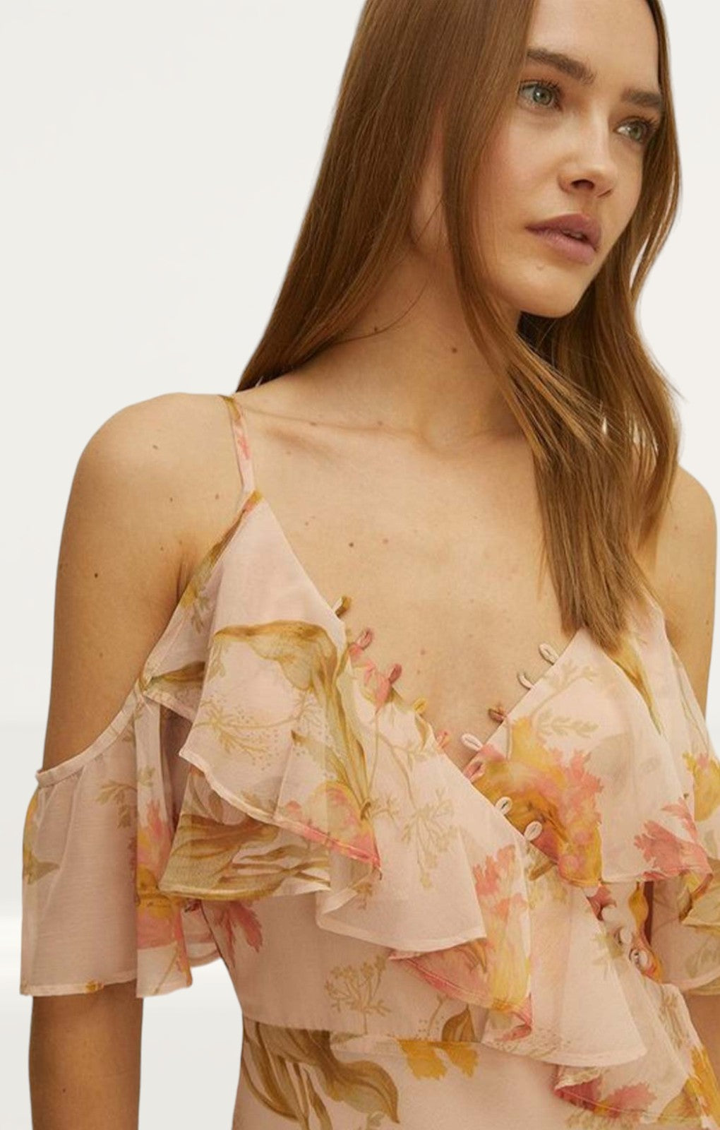 Oasis Ruffle Cold Shoulder Printed Bias Cut Midi Dress