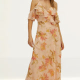 Oasis Ruffle Cold Shoulder Printed Bias Cut Midi Dress