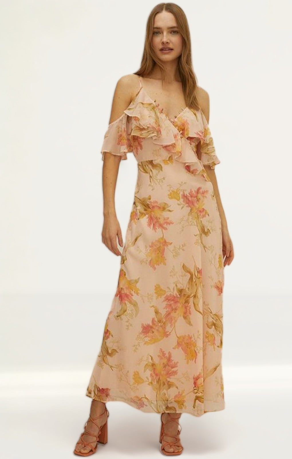 Oasis Ruffle Cold Shoulder Printed Bias Cut Midi Dress