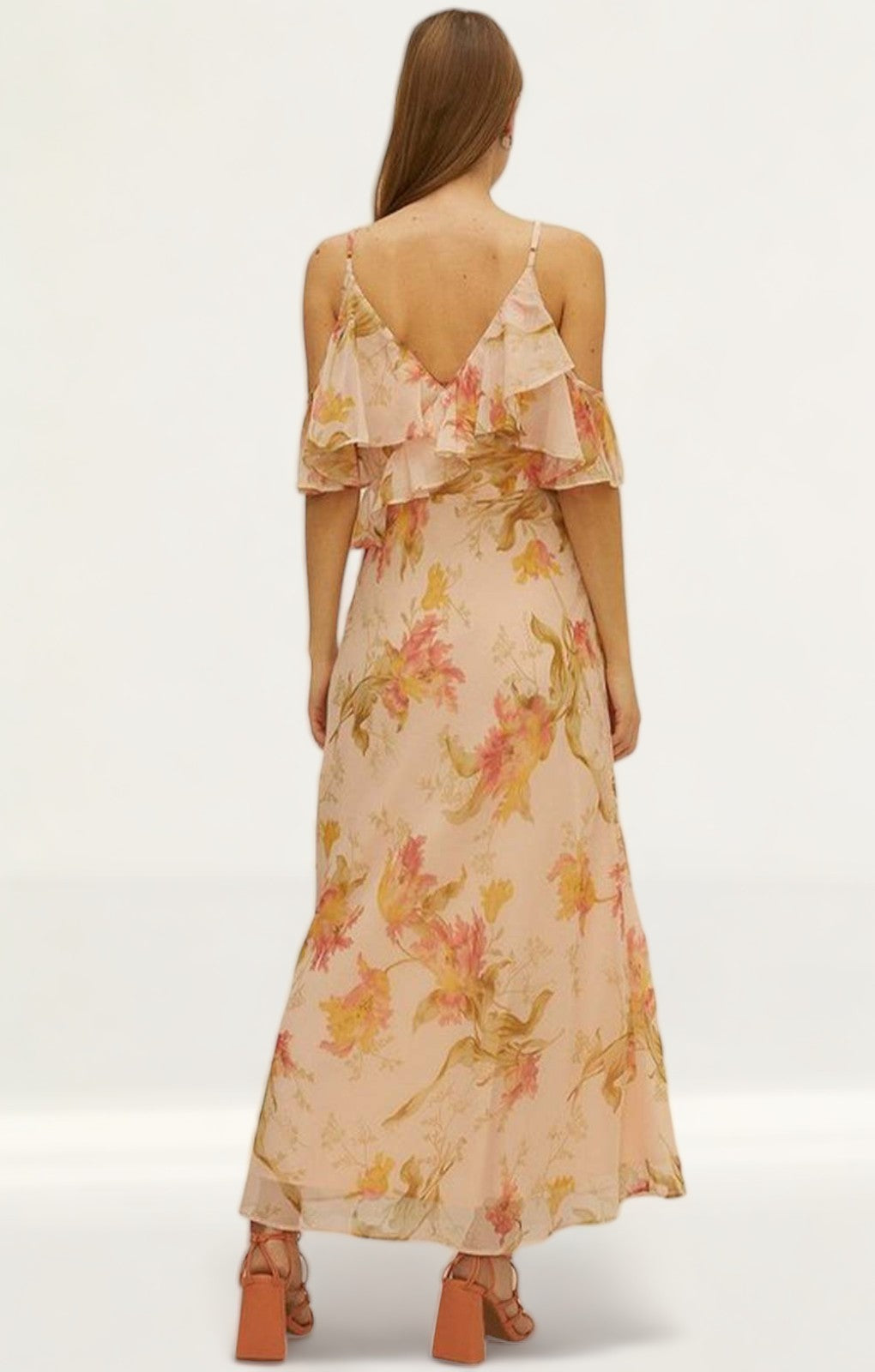 Oasis Ruffle Cold Shoulder Printed Bias Cut Midi Dress