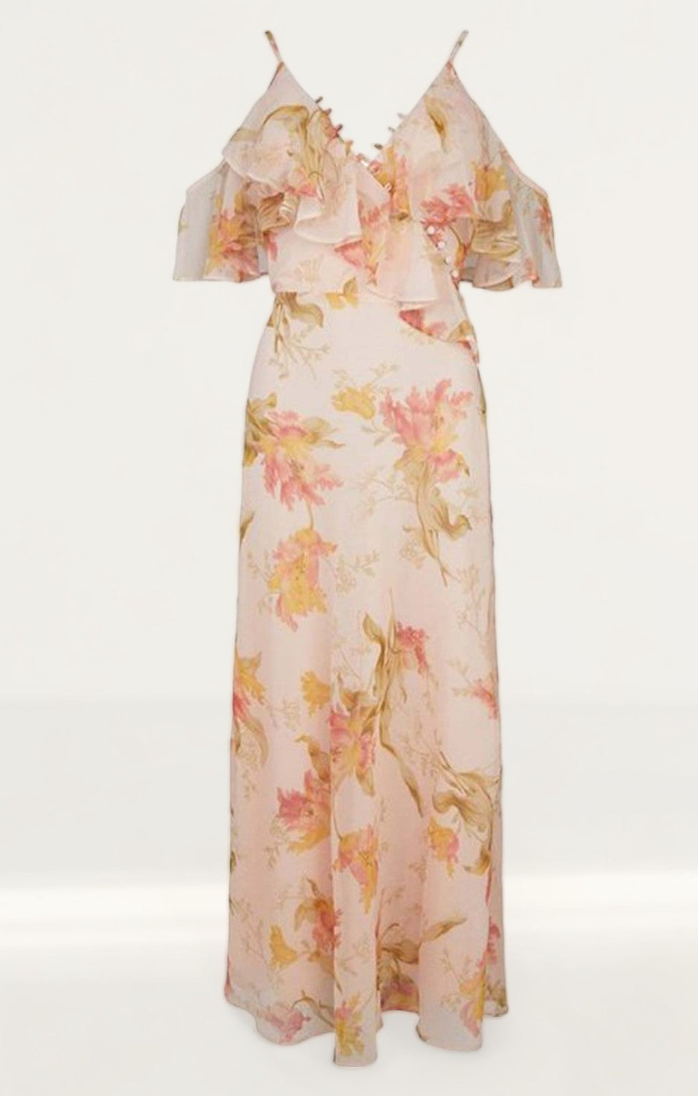 Oasis Ruffle Cold Shoulder Printed Bias Cut Midi Dress