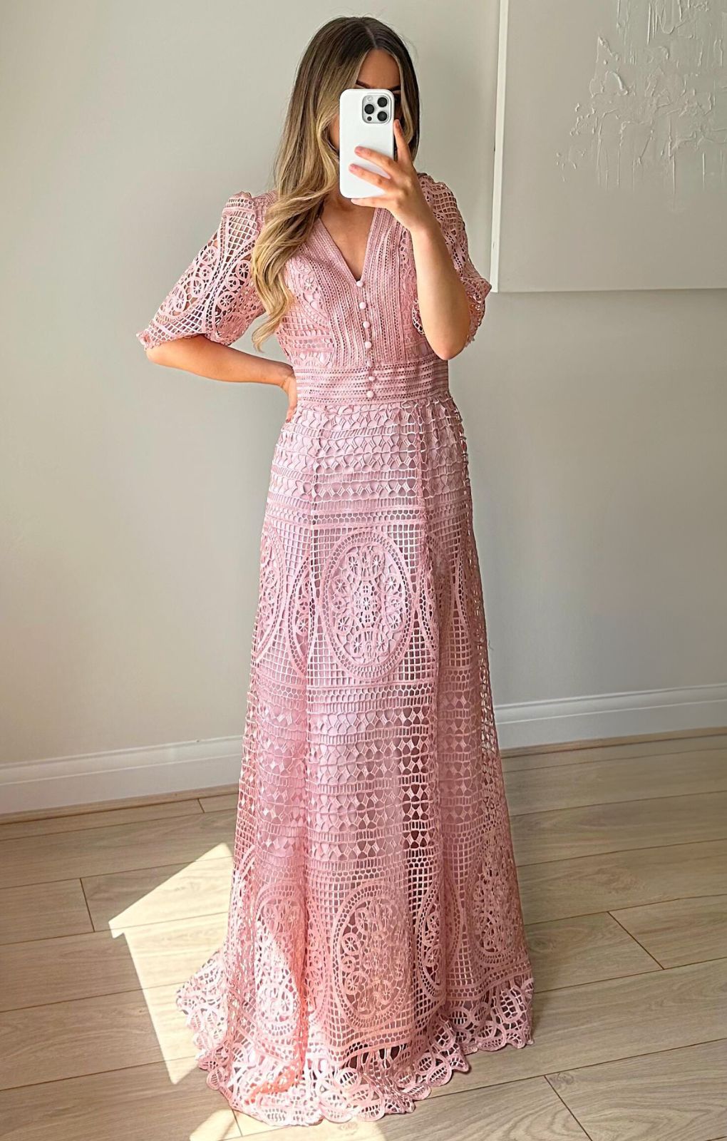 Oasis Pink Premium Lace V Neck Maxi Dress
