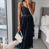 Oasis Navy Lace Tiered Strappy Midi Dress