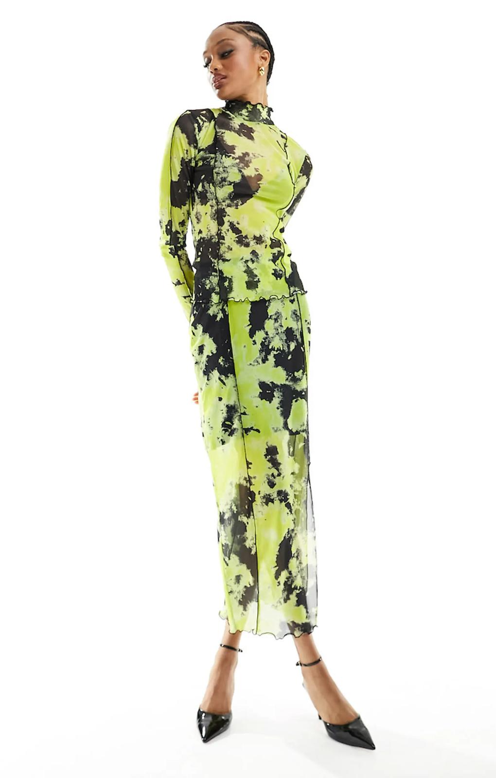 Object Tall Lettuce Edge Maxi Skirt In Mixed Lime Print – skirts by Object Tall, available to rent from Hirestreet