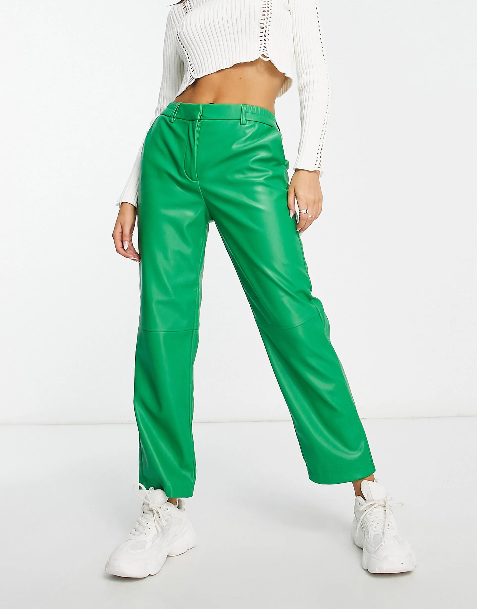 Only Faux Leather Straight Leg Trousers In Bright Green – trousers by Only, available to rent from Hirestreet