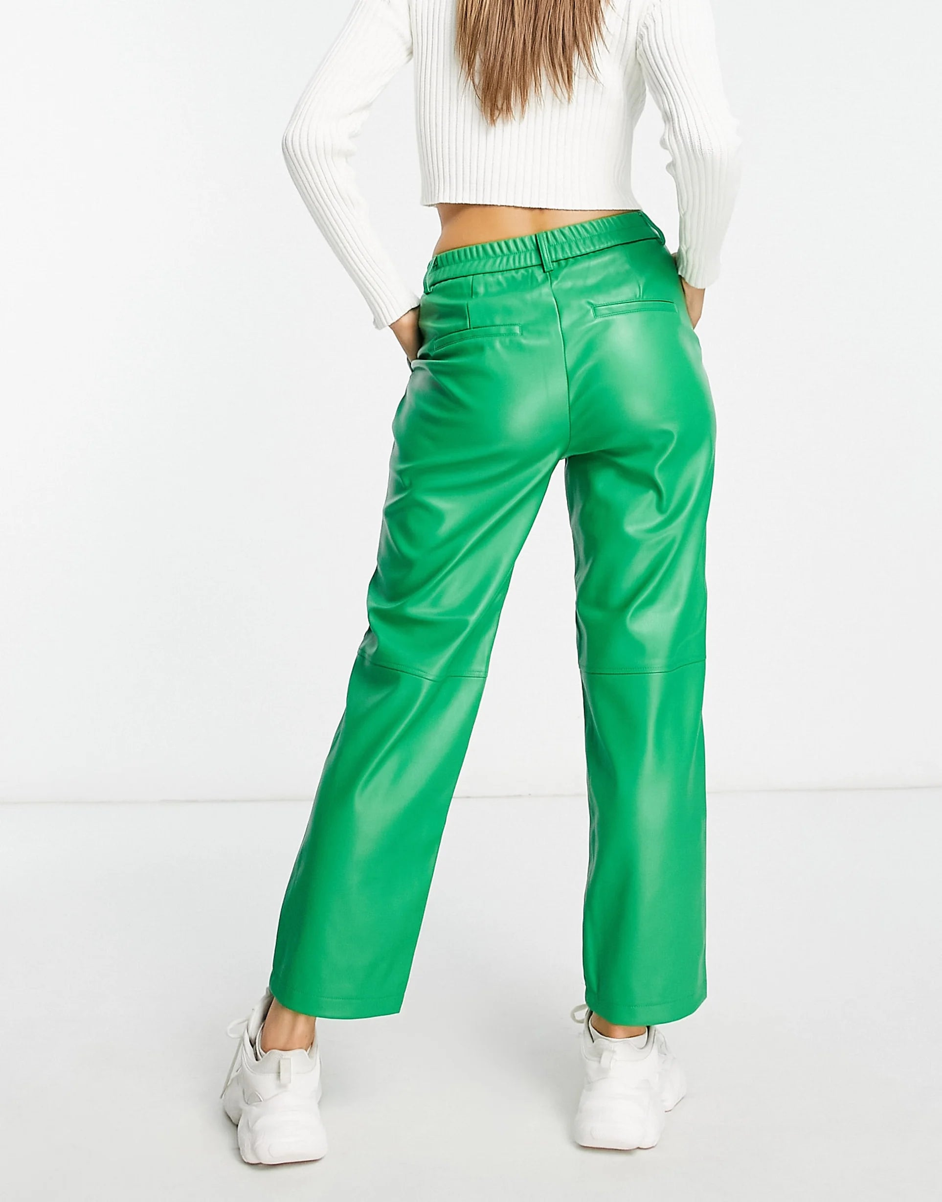 Only Faux Leather Straight Leg Trousers In Bright Green – trousers by Only, available to rent from Hirestreet