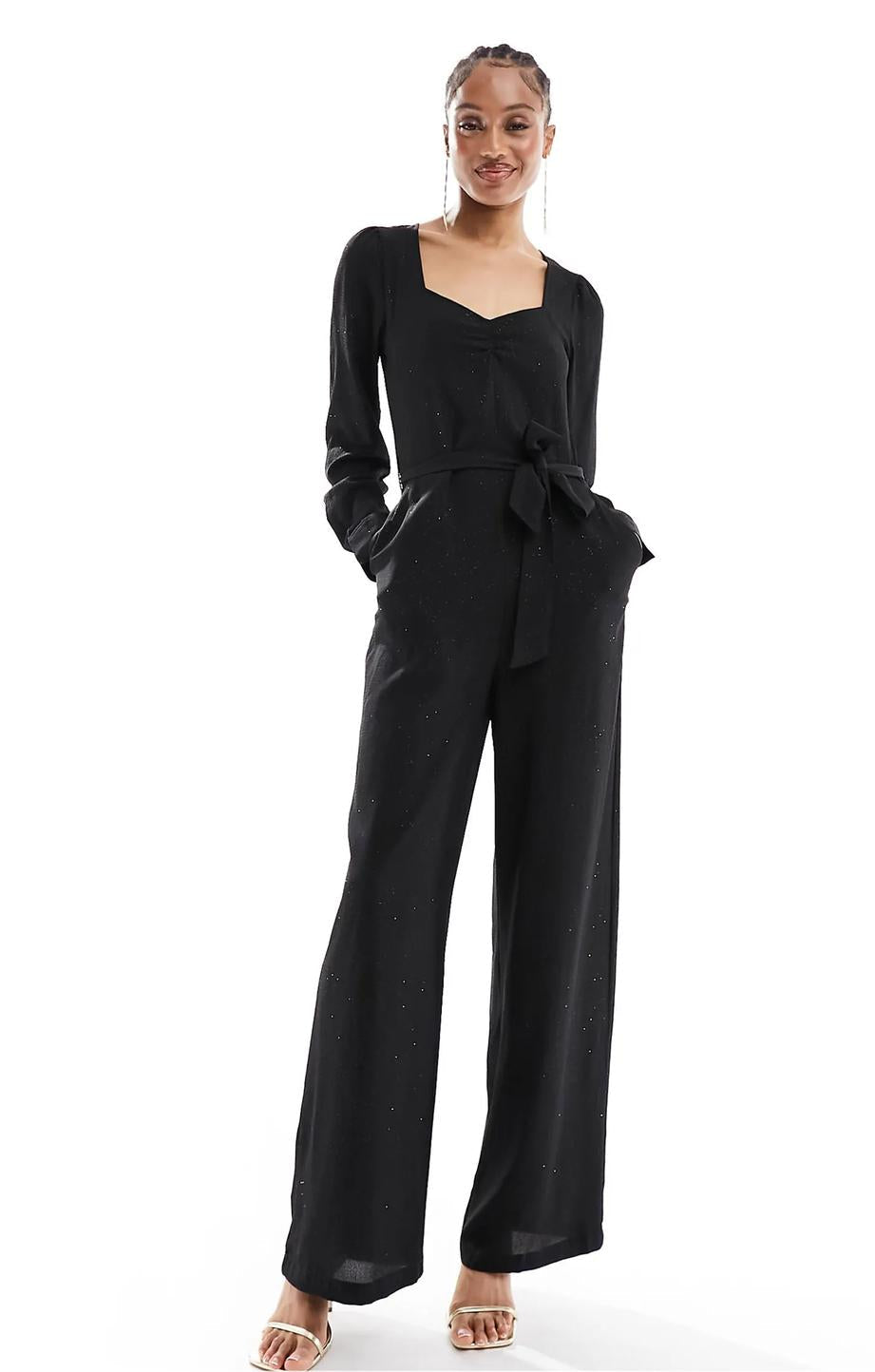 Only Tall V Neck Belted Jumpsuit In Black Glitter – jumpsuits & playsuits by ONLY Tall, available to rent from Hirestreet