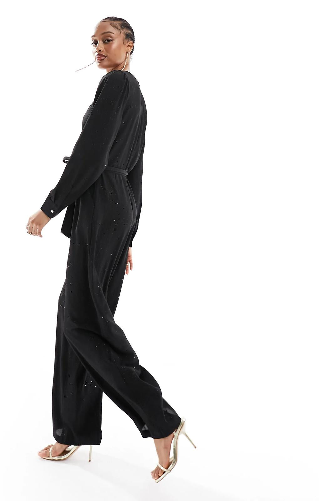 Only Tall V Neck Belted Jumpsuit In Black Glitter – jumpsuits & playsuits by ONLY Tall, available to rent from Hirestreet
