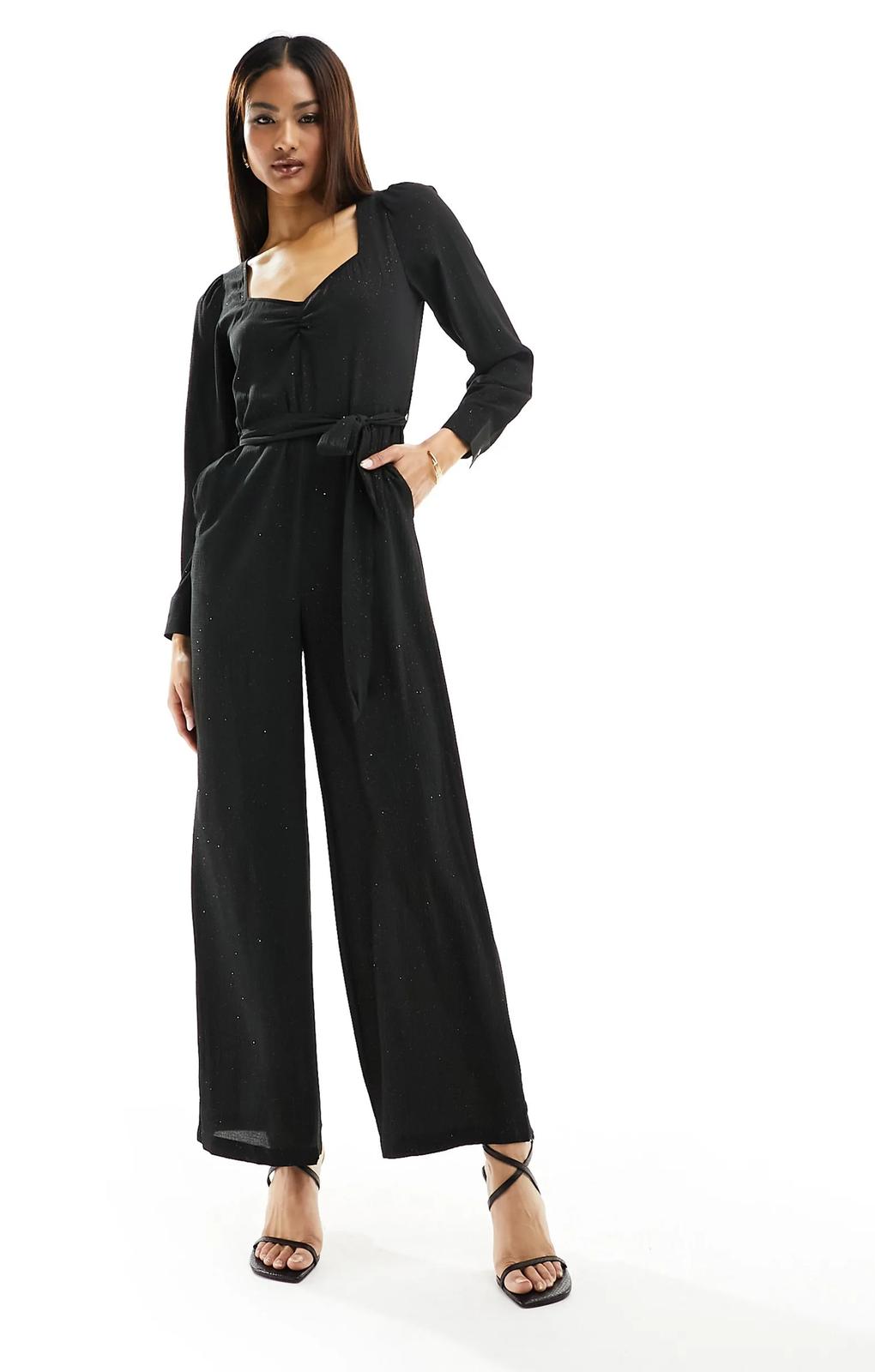 Only V Neck Belted Jumpsuit In Black Glitter – jumpsuits & playsuits by Only, available to rent from Hirestreet
