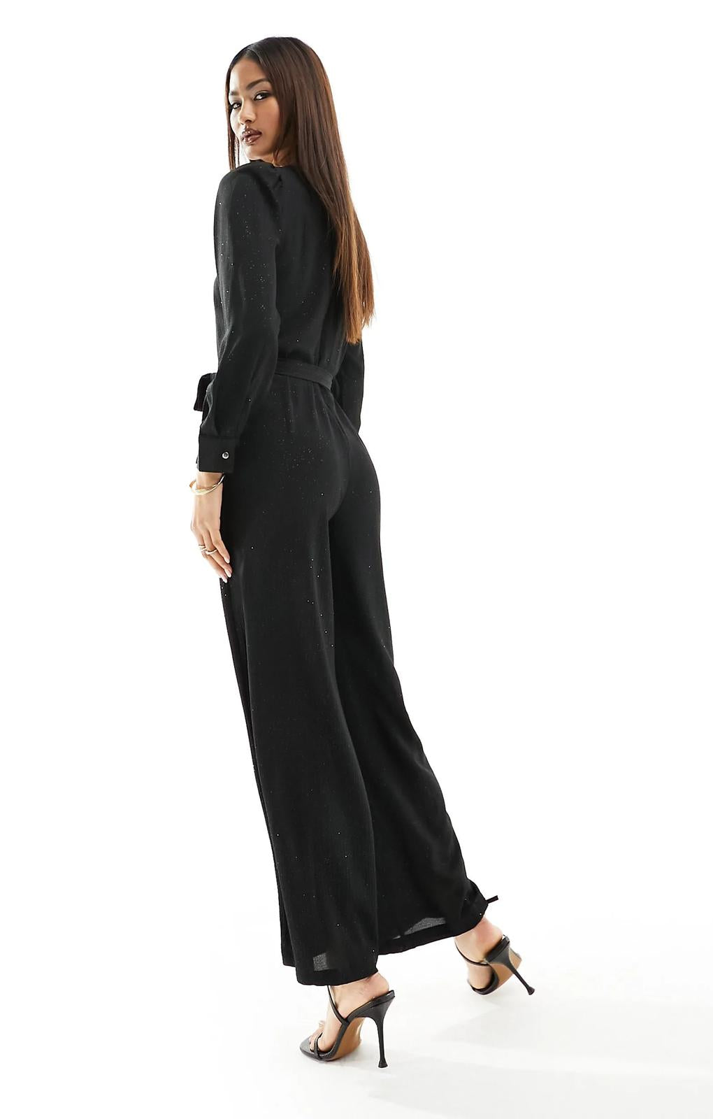 Only V Neck Belted Jumpsuit In Black Glitter – jumpsuits & playsuits by Only, available to rent from Hirestreet