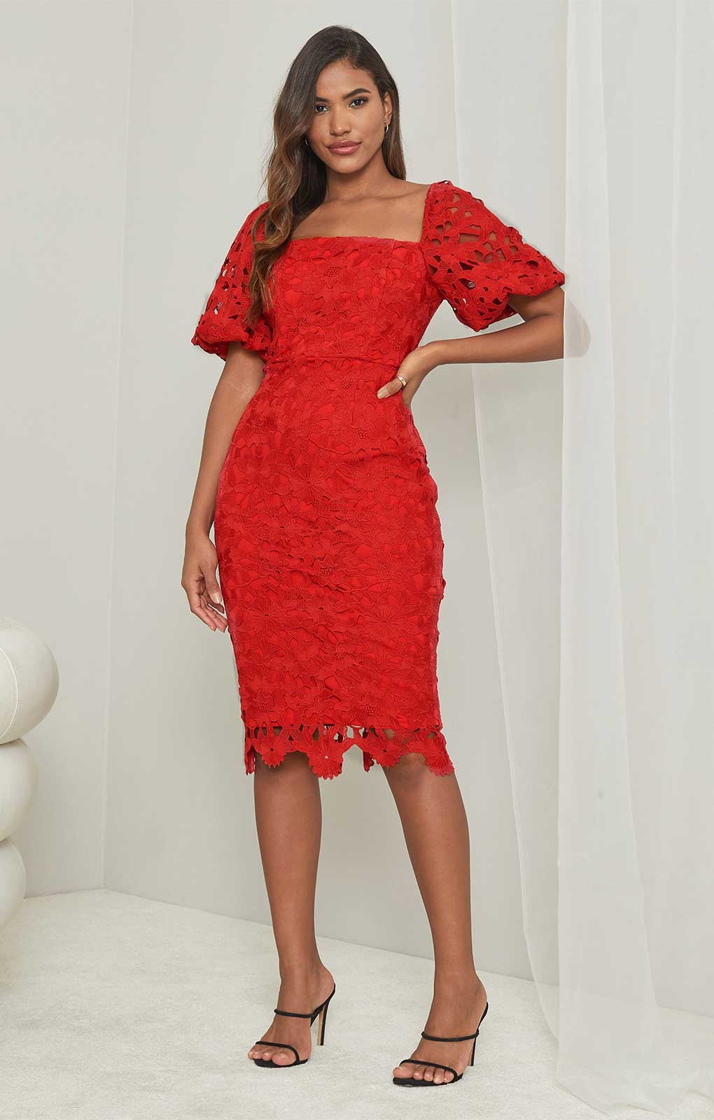 Lipsy Red Square Neck Puff Sleeve Midi Dress product image