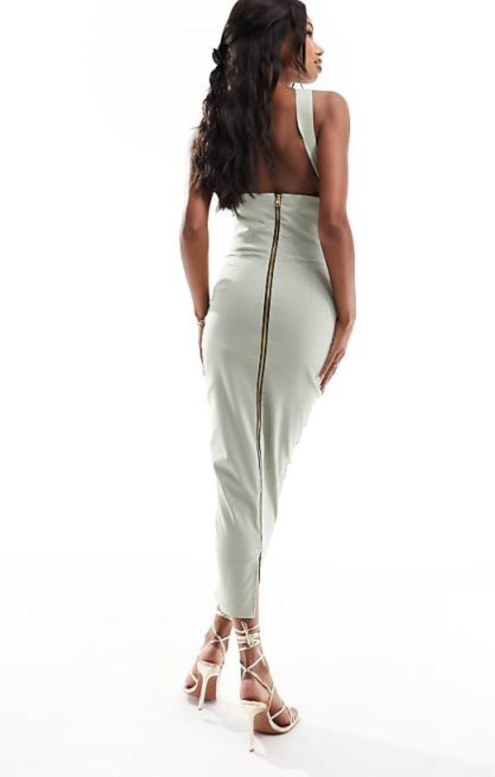 Vesper Twist Halterneck Zip Back Midi Dress In Olive – dresses by Vesper, available to rent from Hirestreet