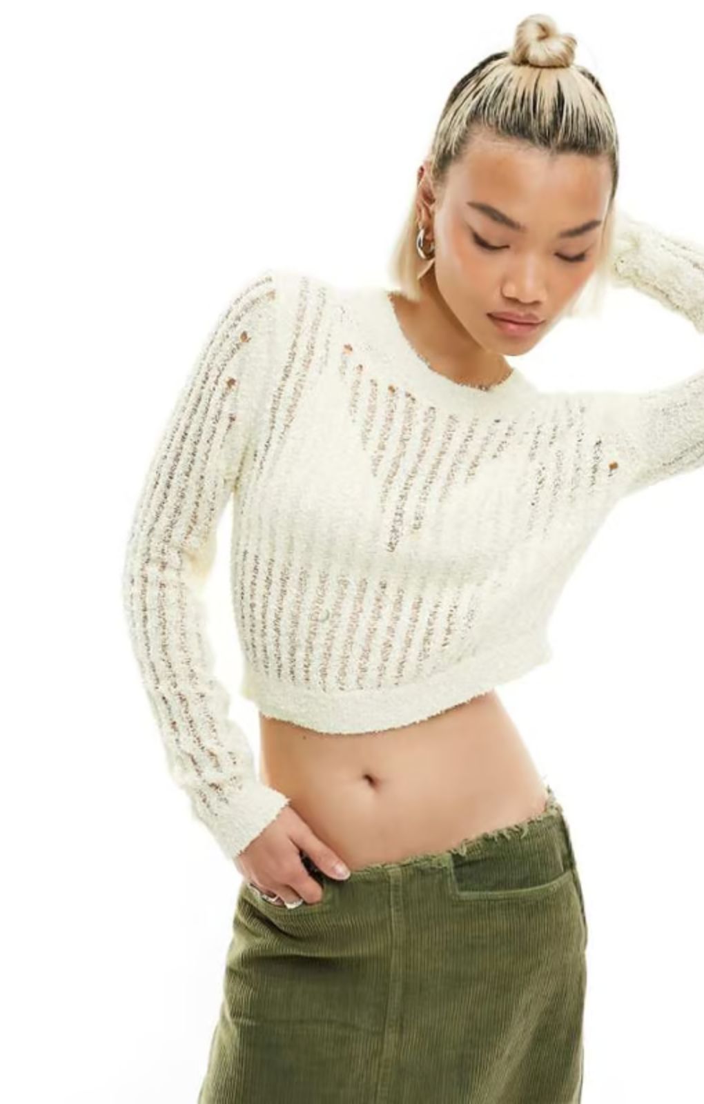 Noisy May Crew Neck Cropped Open Knit Top In Off White – tops by Noisy May, available to rent from Hirestreet