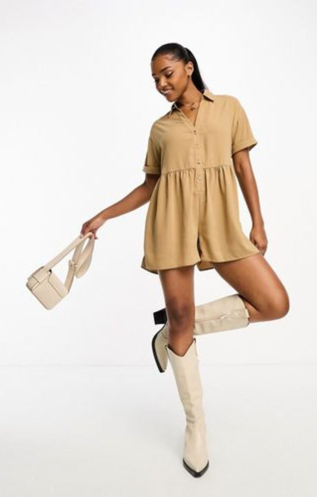 Miss Selfridge Linen Look Soft Shirt Playsuit In Stone – jumpsuits & playsuits by Miss Selfridge, available to rent from Hirestreet