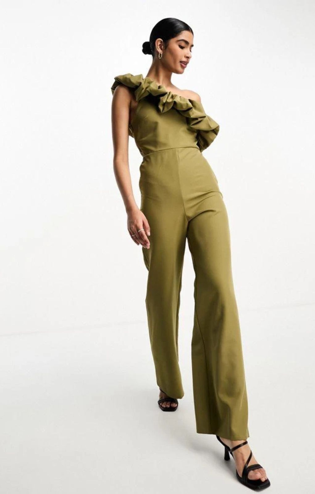 True Violet Bardot Jumpsuit With Ruffle Detail In Light Khaki – jumpsuits & playsuits by True Violet, available to rent from Hirestreet