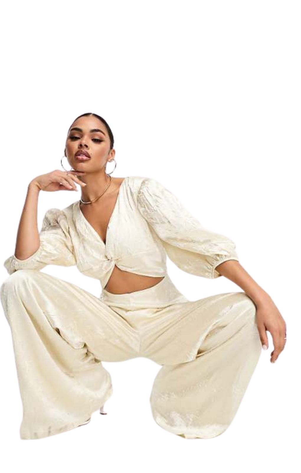 Collective The Label Exclusive Twisted Cut-Out Jumpsuit In Oyster – jumpsuits & playsuits by Collective The Label, available to rent from Hirestreet
