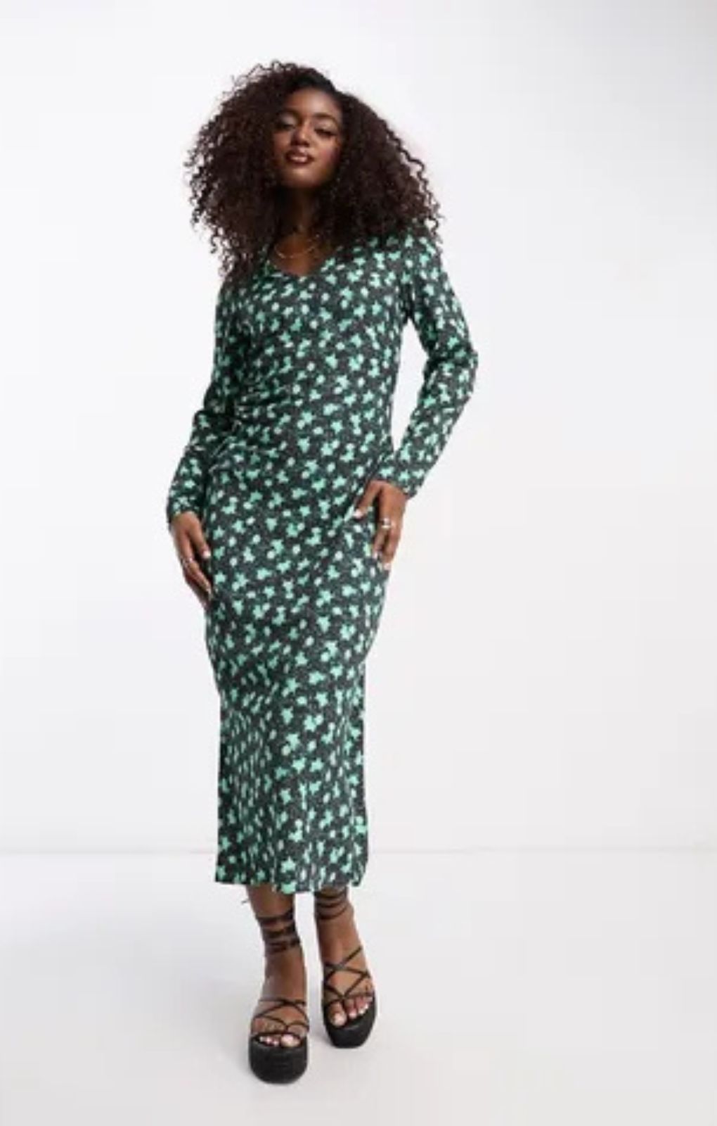 Vero Moda Floral Printed Midi Dress In Green And Black