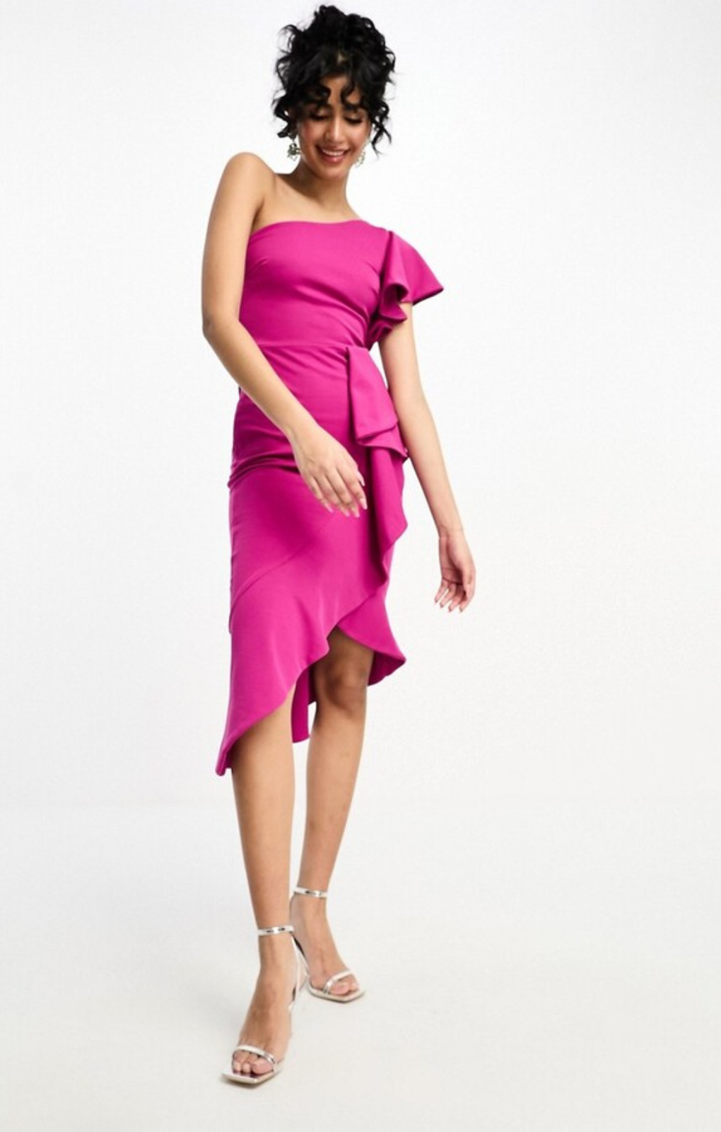 True Violet One Shoulder Ruffle Midi Dress In Fuchsia – dresses by True Violet, available to rent from Hirestreet