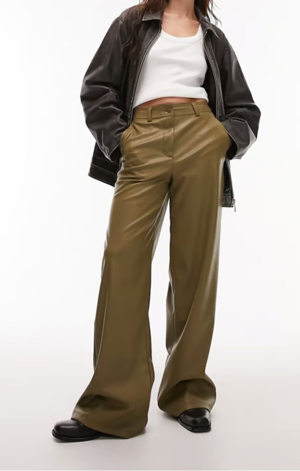 Topshop Faux Leather Wide Leg Trouser In Green – trousers by Topshop, available to rent from Hirestreet