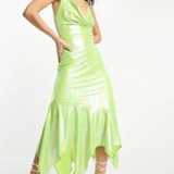 Annorlunda Iridescent Extreme Cowl Neck Midaxi Dress In Green – dresses by Annorlunda, available to rent from Hirestreet