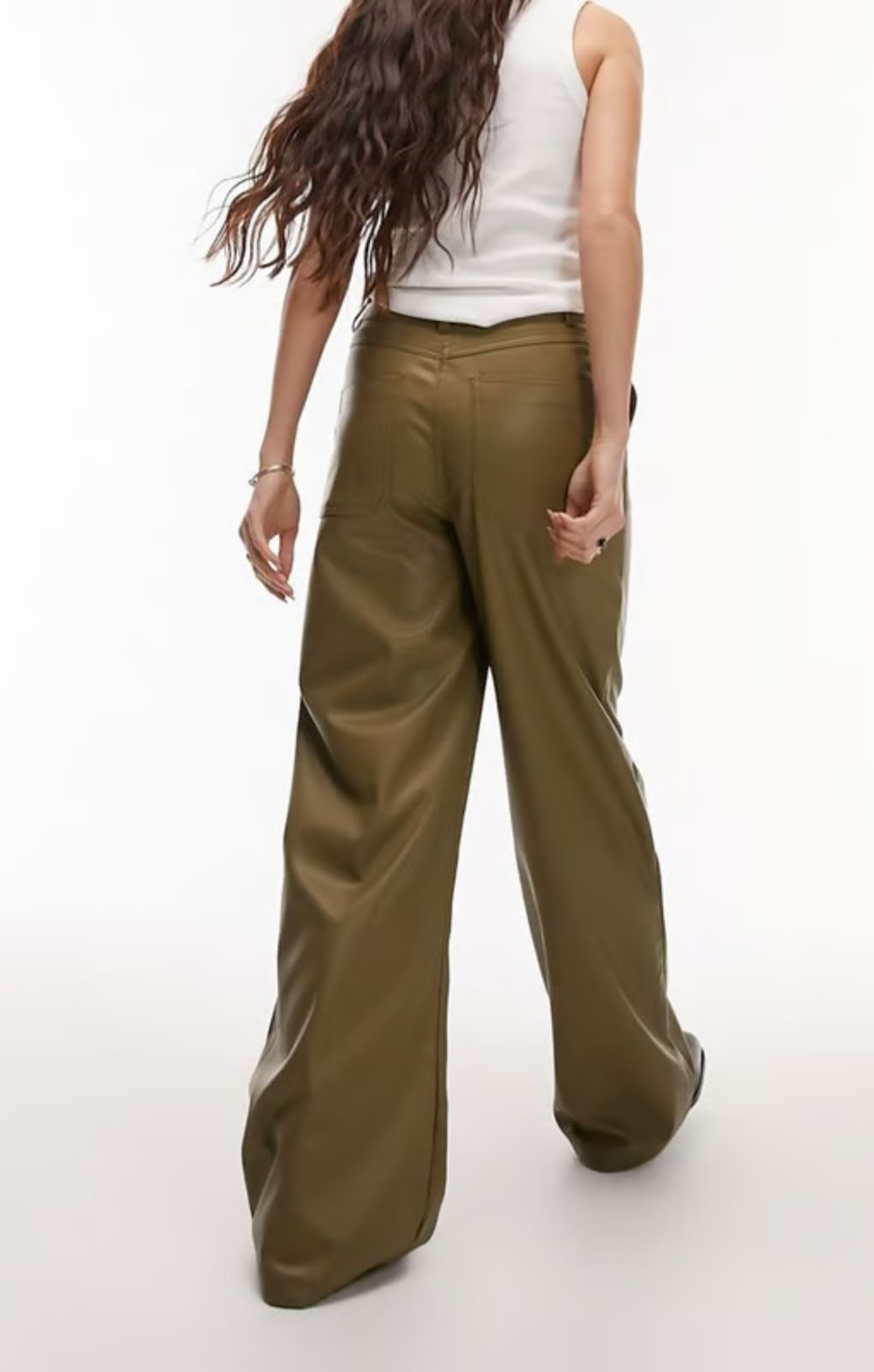 Topshop Faux Leather Wide Leg Trouser In Green – trousers by Topshop, available to rent from Hirestreet