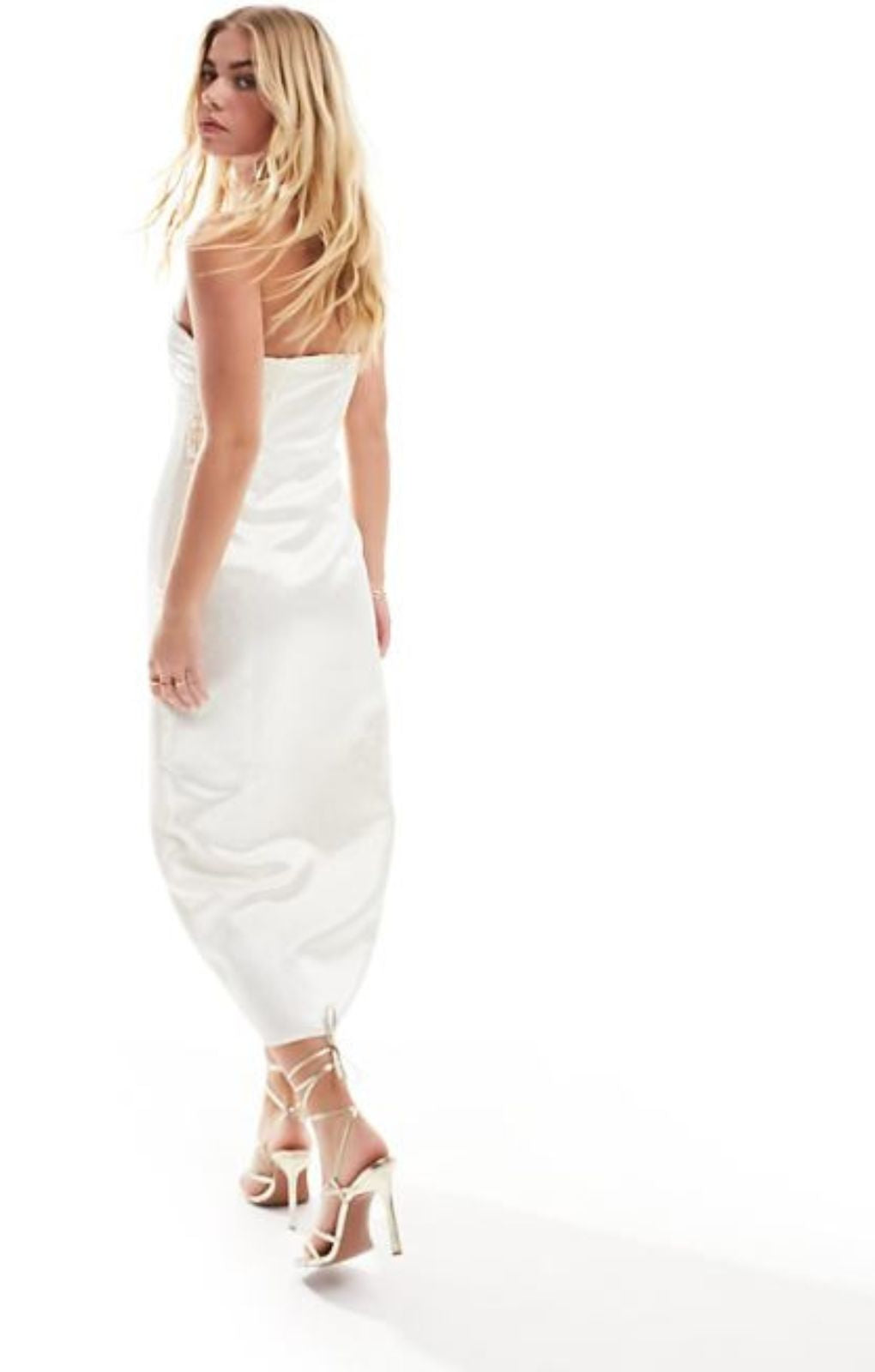 Pieces Deep V Bodycon Satin Midi Dress With Front Slit In Cream – dresses by Pieces, available to rent from Hirestreet