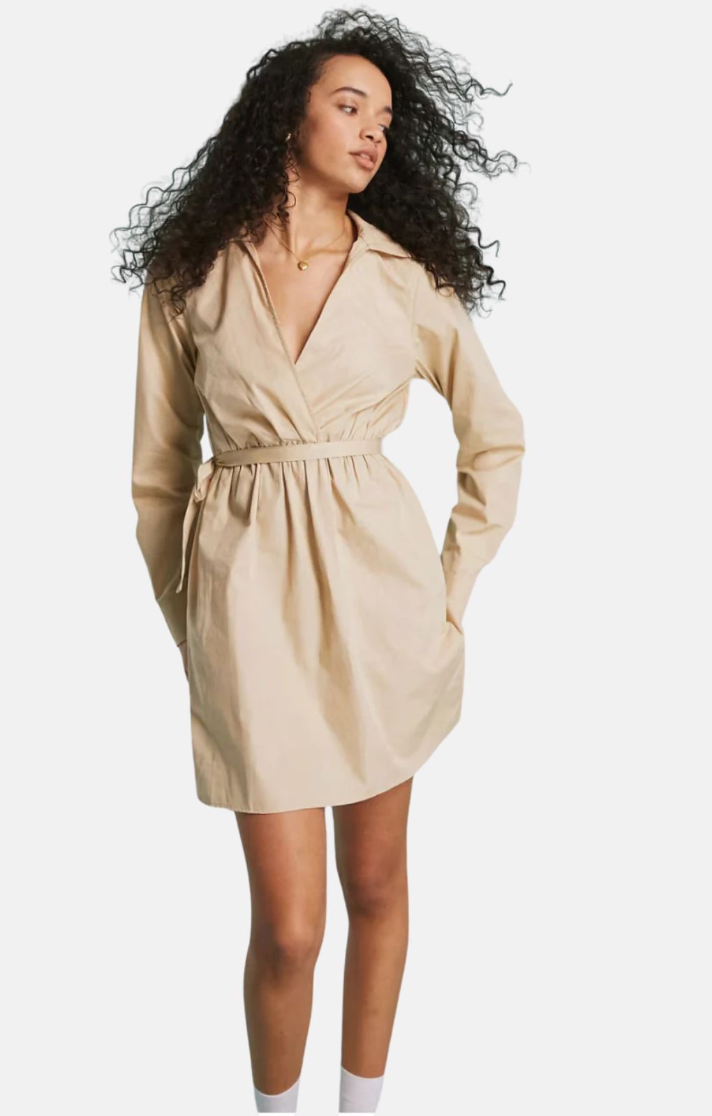 Miss Selfridge Poplin Ballet Wrap Mini Shirt Dress In Stone – dresses by Miss Selfridge, available to rent from Hirestreet