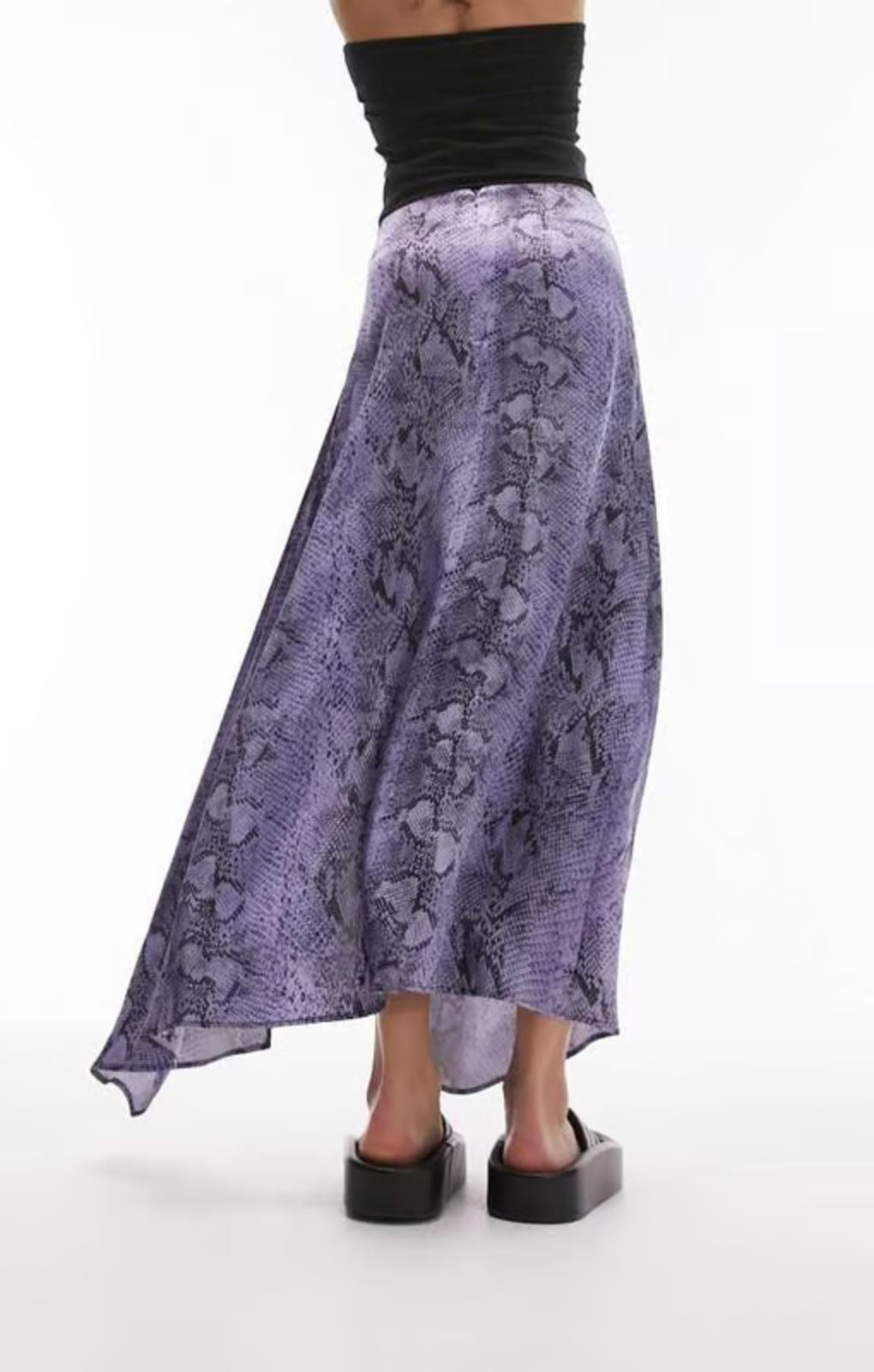 Topshop Snake Print Ruched Side Midi Skirt In Purple – skirts by Topshop, available to rent from Hirestreet