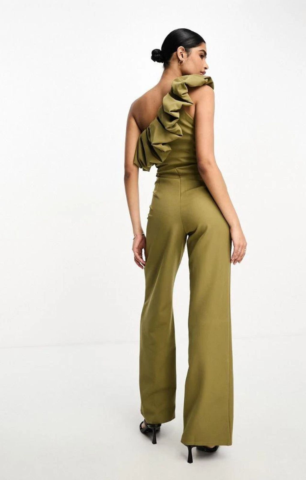 True Violet Bardot Jumpsuit With Ruffle Detail In Light Khaki – jumpsuits & playsuits by True Violet, available to rent from Hirestreet