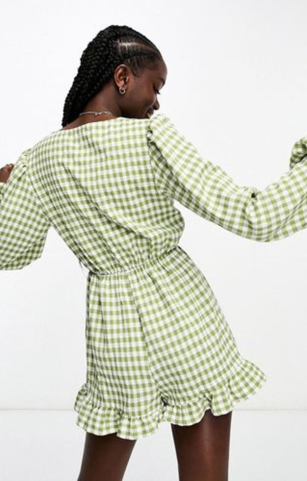 Miss Selfridge Long Sleeve Tie Front Playsuit In Khaki Gingham – jumpsuits & playsuits by Miss Selfridge, available to rent from Hirestreet