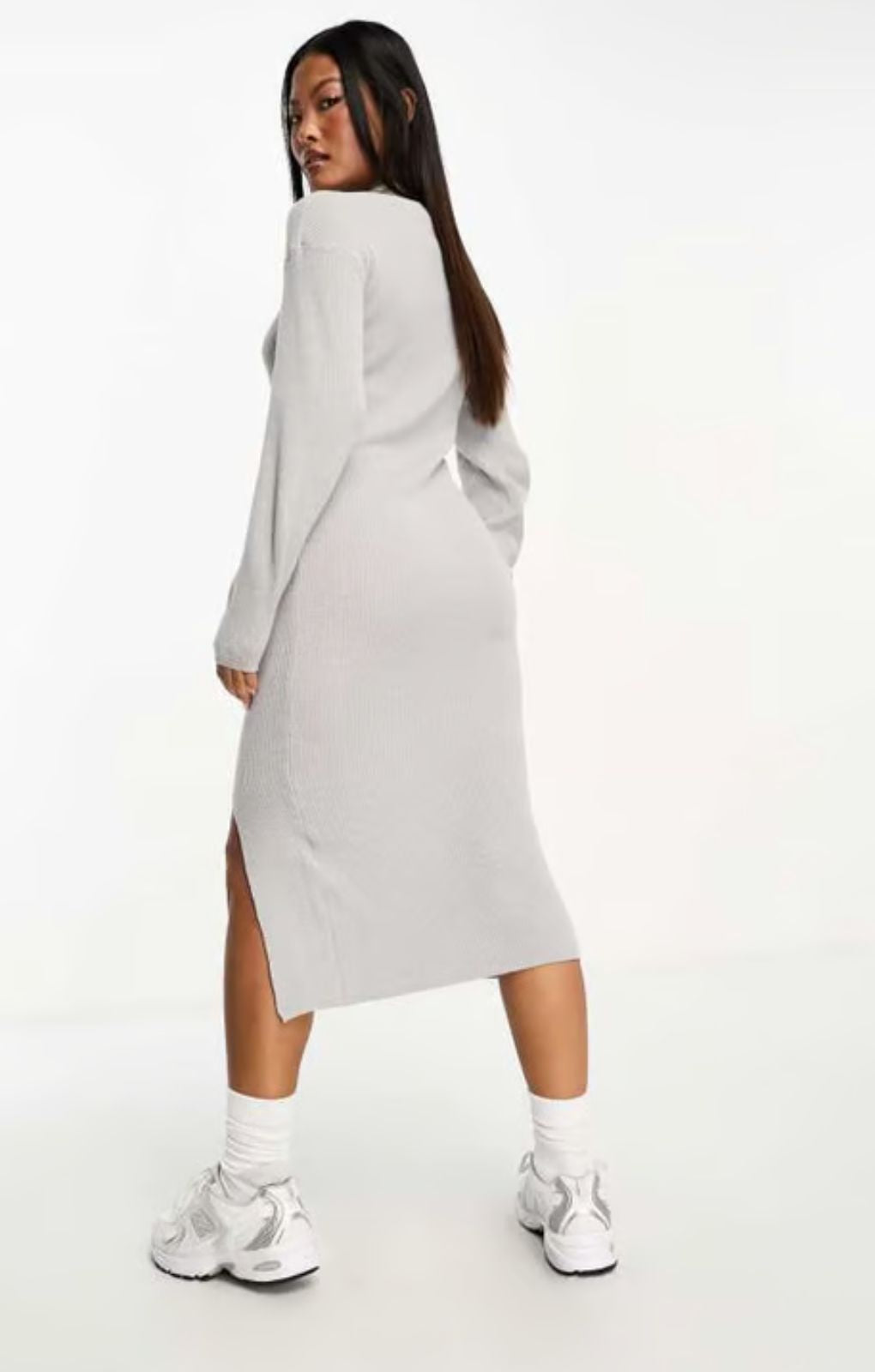 Vila High Neck Knitted Midi Dress With Side Split In Light Grey – dresses by Vila, available to rent from Hirestreet