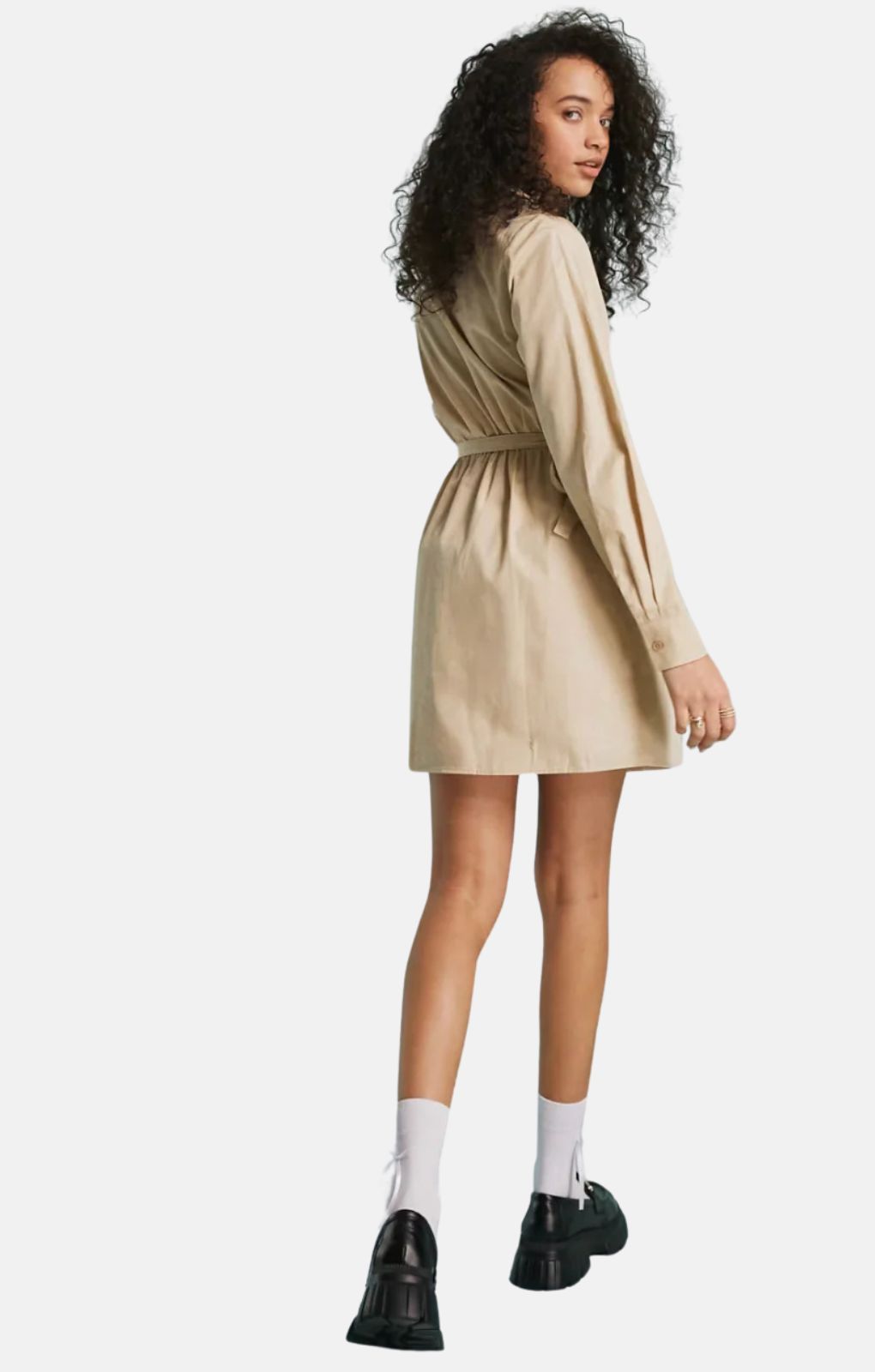 Miss Selfridge Poplin Ballet Wrap Mini Shirt Dress In Stone – dresses by Miss Selfridge, available to rent from Hirestreet