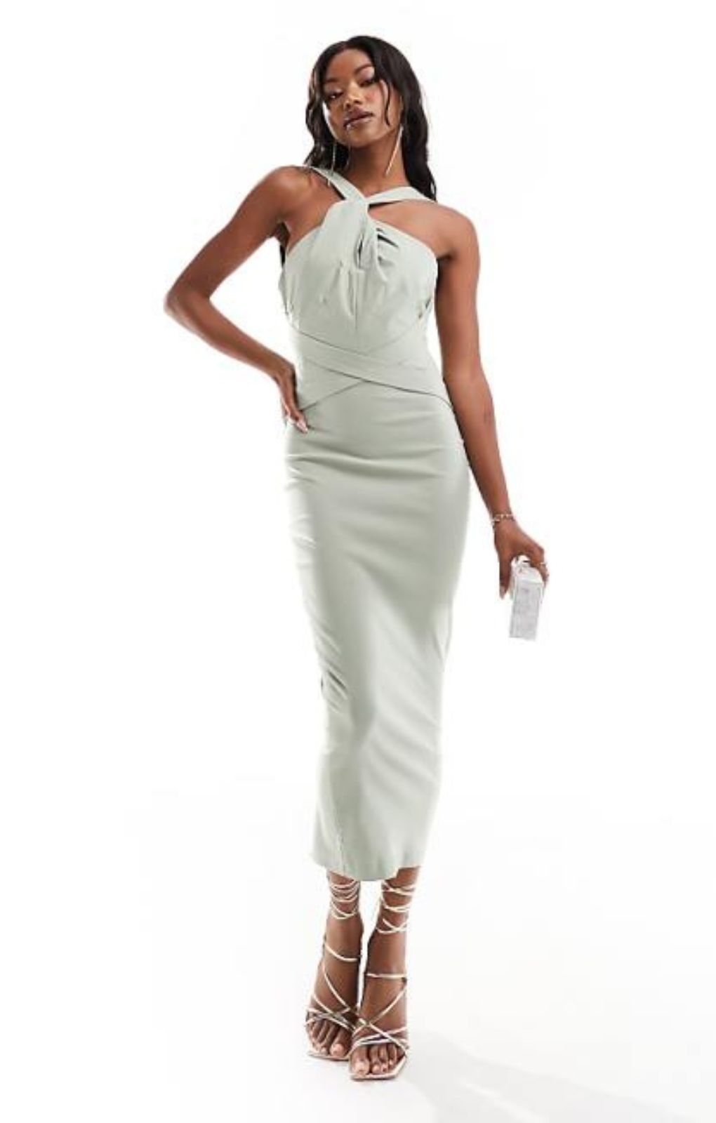 Vesper Twist Halterneck Zip Back Midi Dress In Olive – dresses by Vesper, available to rent from Hirestreet