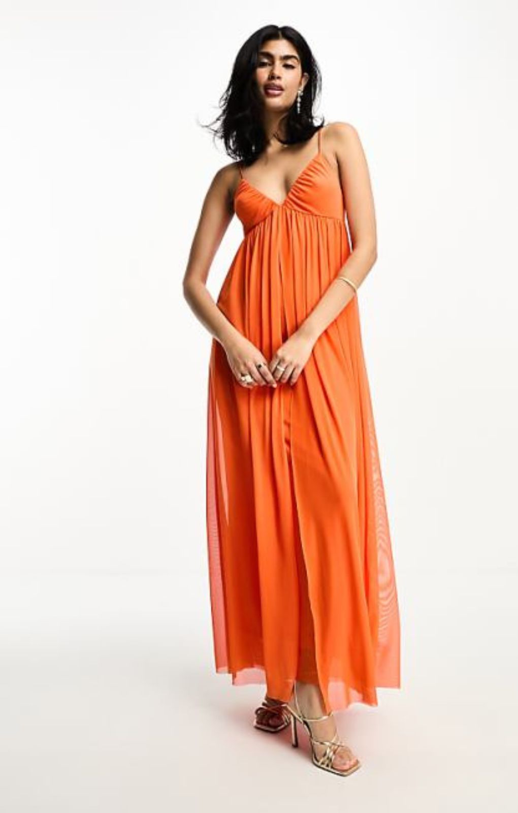 Asos Design Cami Mesh Overlay Skater Maxi Dress In Orange – dresses by ASOS DESIGN, available to rent from Hirestreet