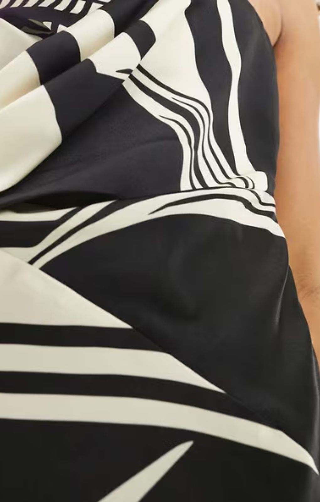 Asos Design Satin Bandeau Asymetric Hem Mini Dress With Ruched Bodice Detail In Mono Abstract Print – dresses by ASOS DESIGN, available to rent from Hirestreet