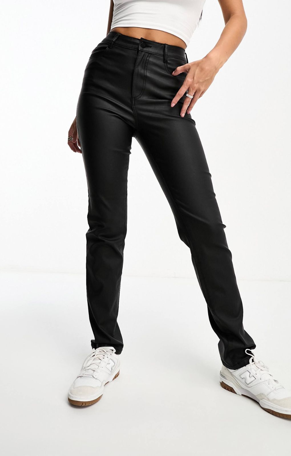 Vila High Waist Coated Trousers In Black – trousers by Vila, available to rent from Hirestreet