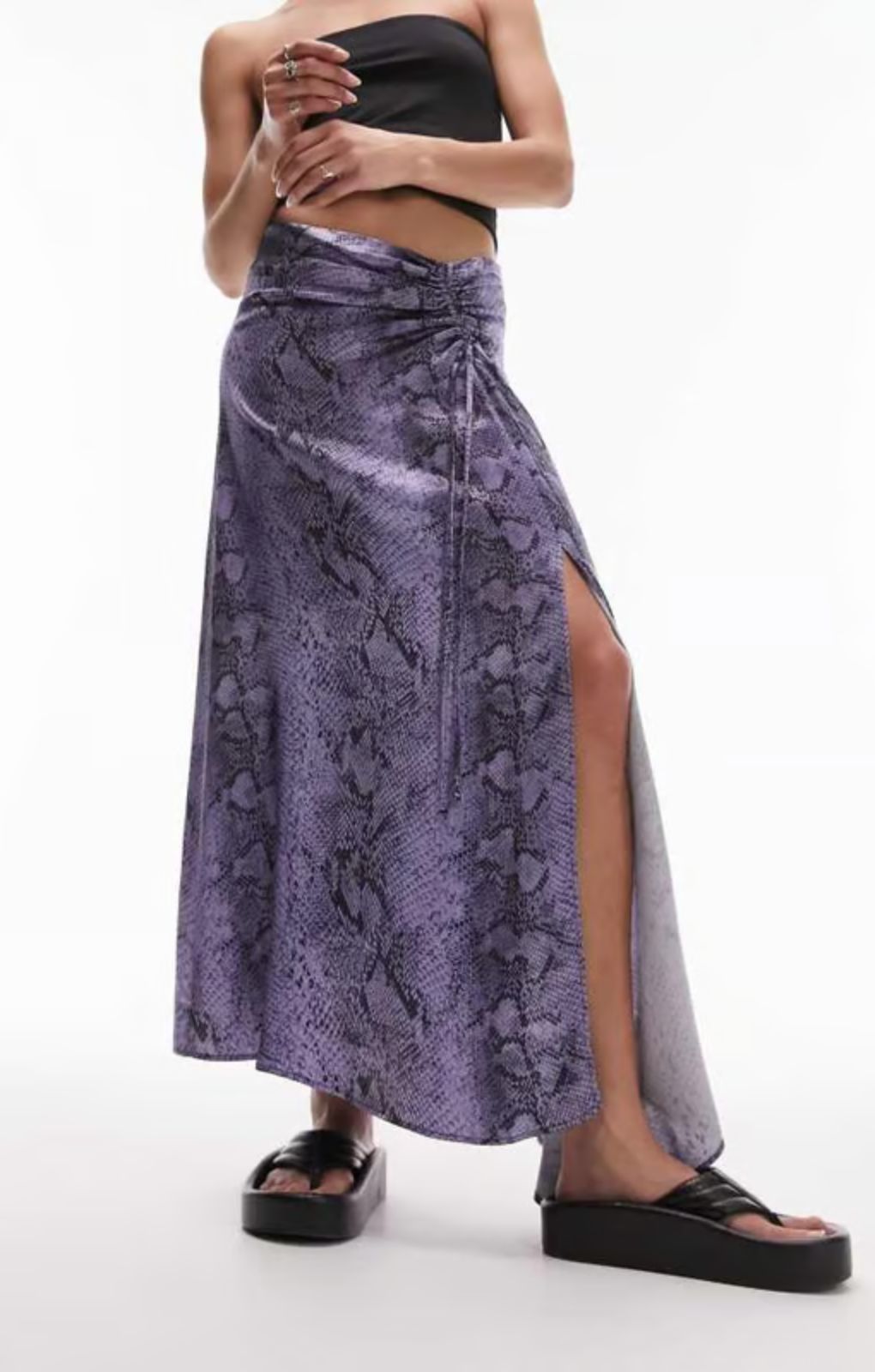 Topshop Snake Print Ruched Side Midi Skirt In Purple – skirts by Topshop, available to rent from Hirestreet