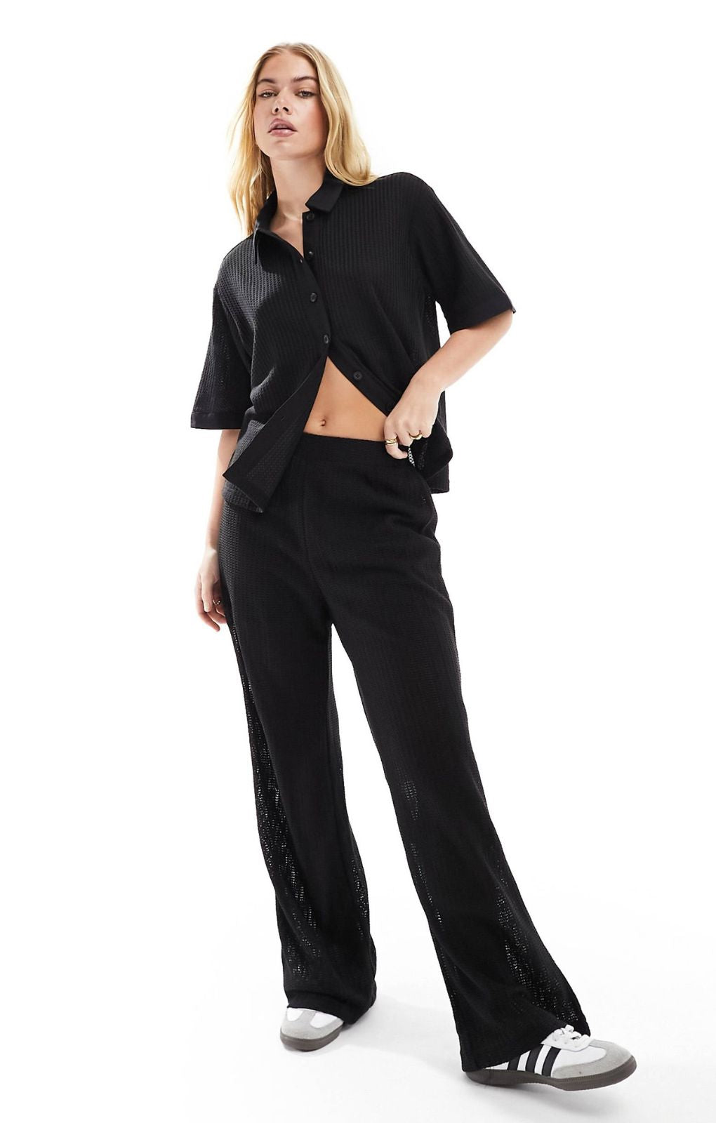 Vero Moda Crochet Wide Leg Trouser In Black – trousers by Vero Moda, available to rent from Hirestreet