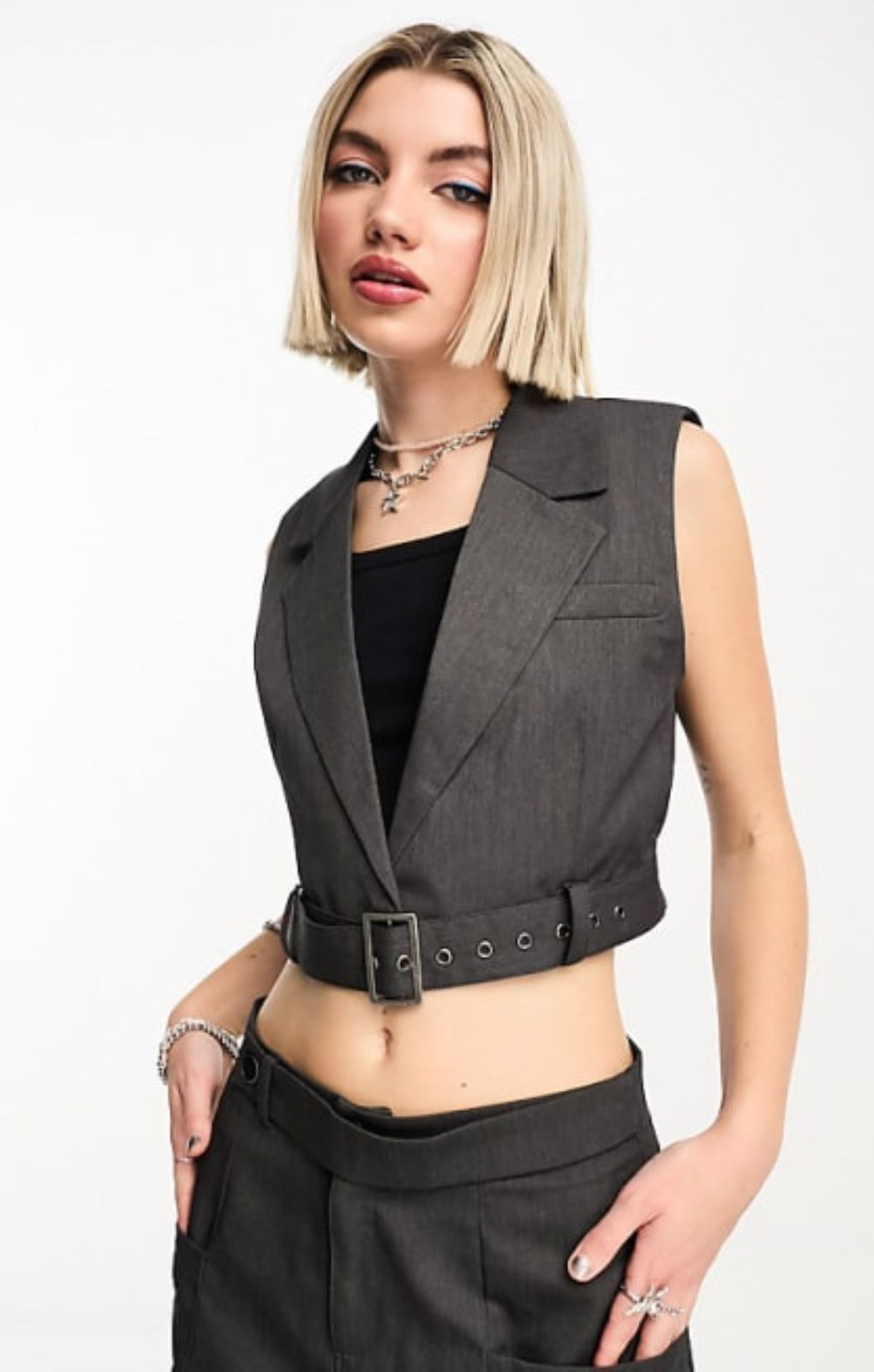 Noisy May Belted Waistcoat In Grey – tops by Noisy May, available to rent from Hirestreet