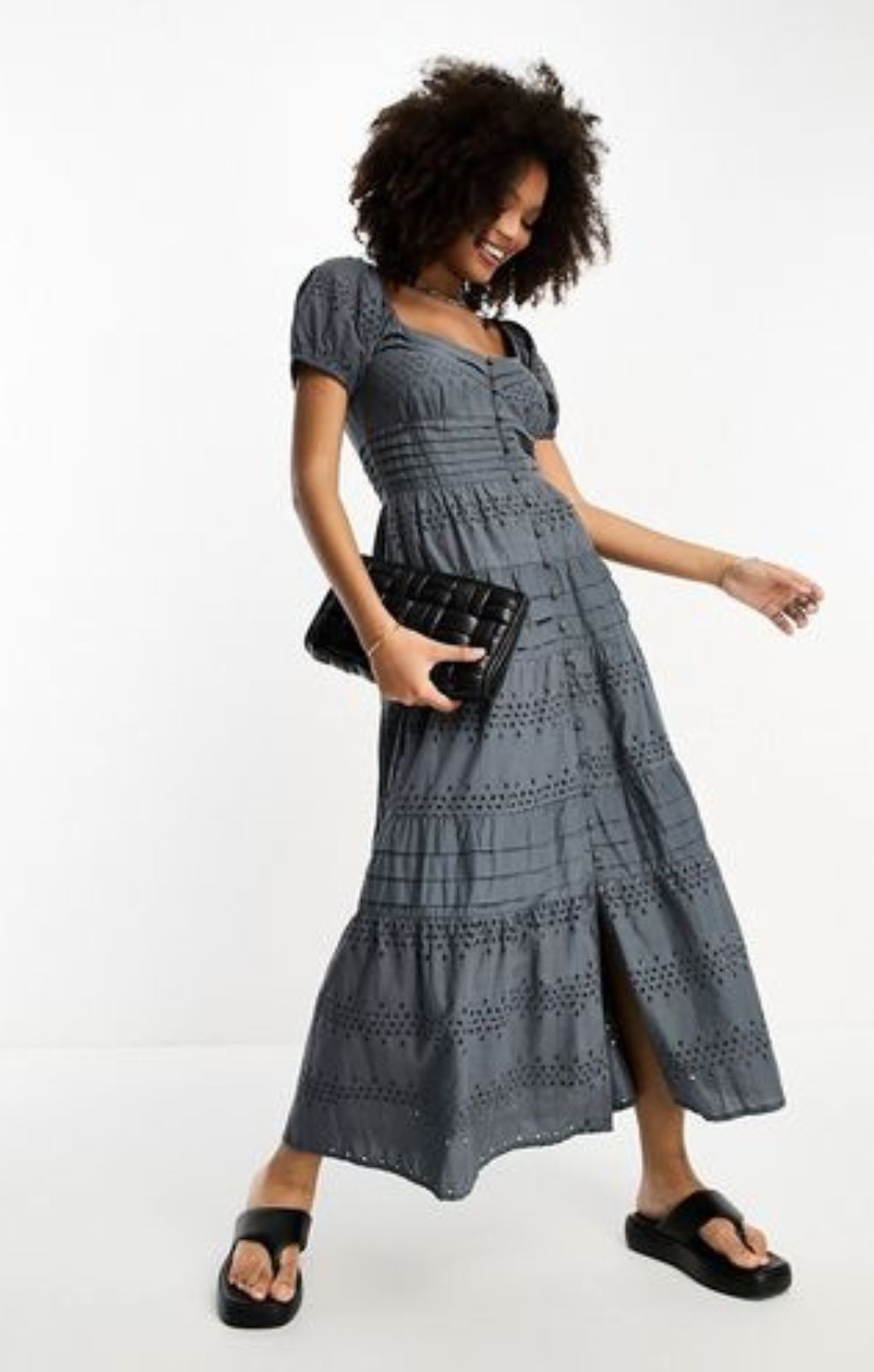 Asos Design Broderie Button Through Tiered Maxi Tea Dress In Slate Grey – dresses by ASOS DESIGN, available to rent from Hirestreet