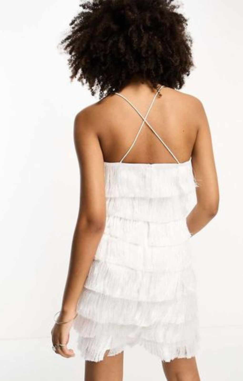 Asos Design Tiered Mini Fringed Dress With Cross Back Detail In White – dresses by ASOS DESIGN, available to rent from Hirestreet